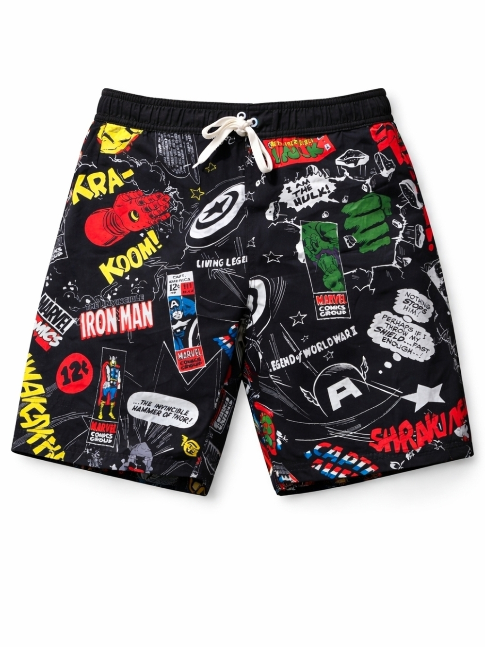 Marvel Black Comic Panel Swim Shorts with Red, Yellow & Green Accents